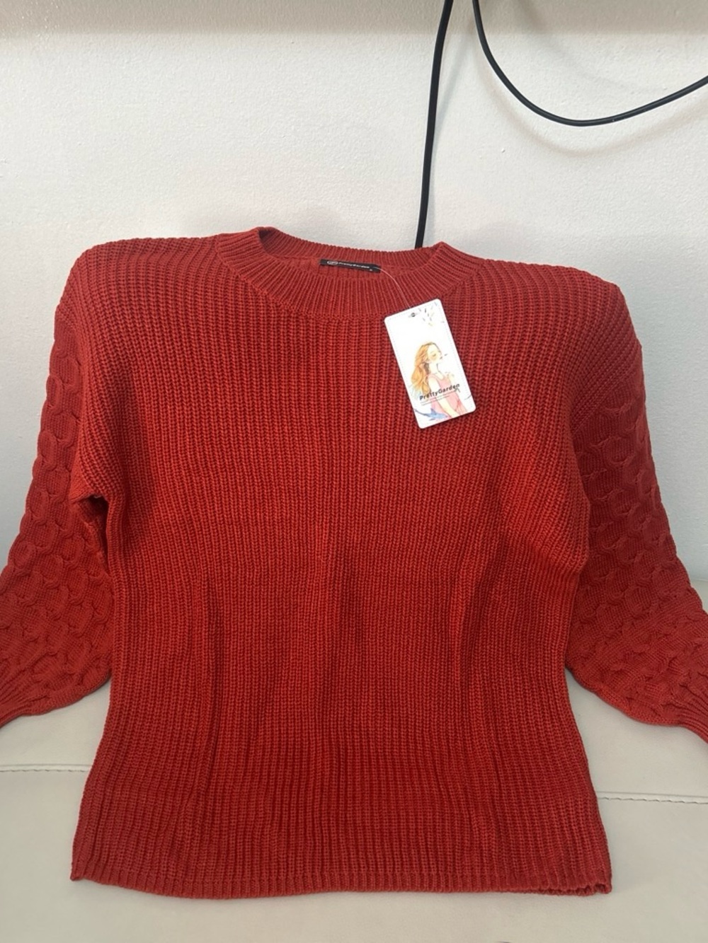 Women's Rust Crewneck Sweater with Cable-Textured Sleeves
